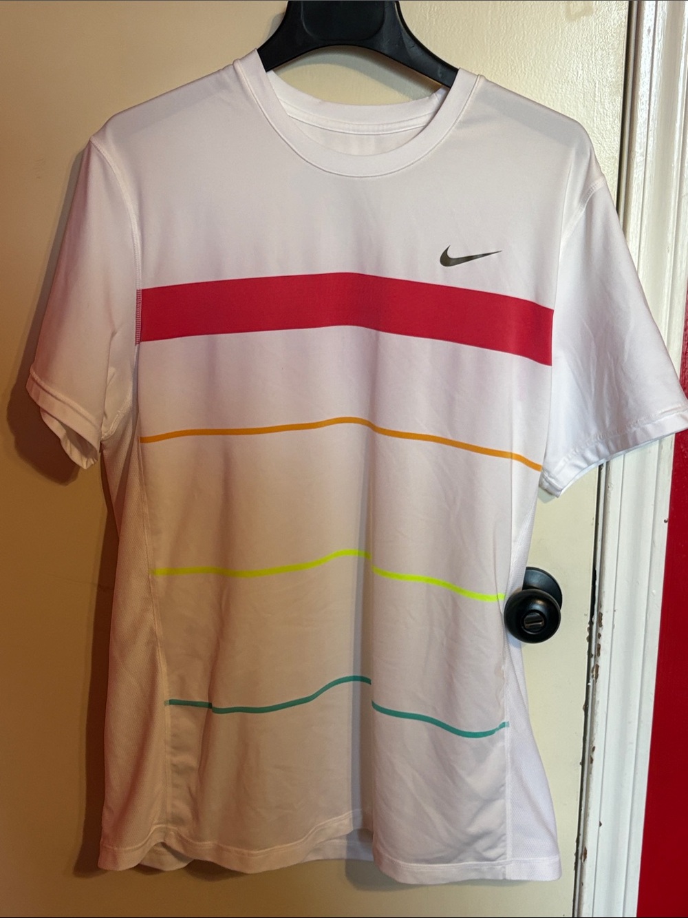 Nike White Short-Sleeve Tee with Red, Orange, Yellow, Green and Teal Stripes